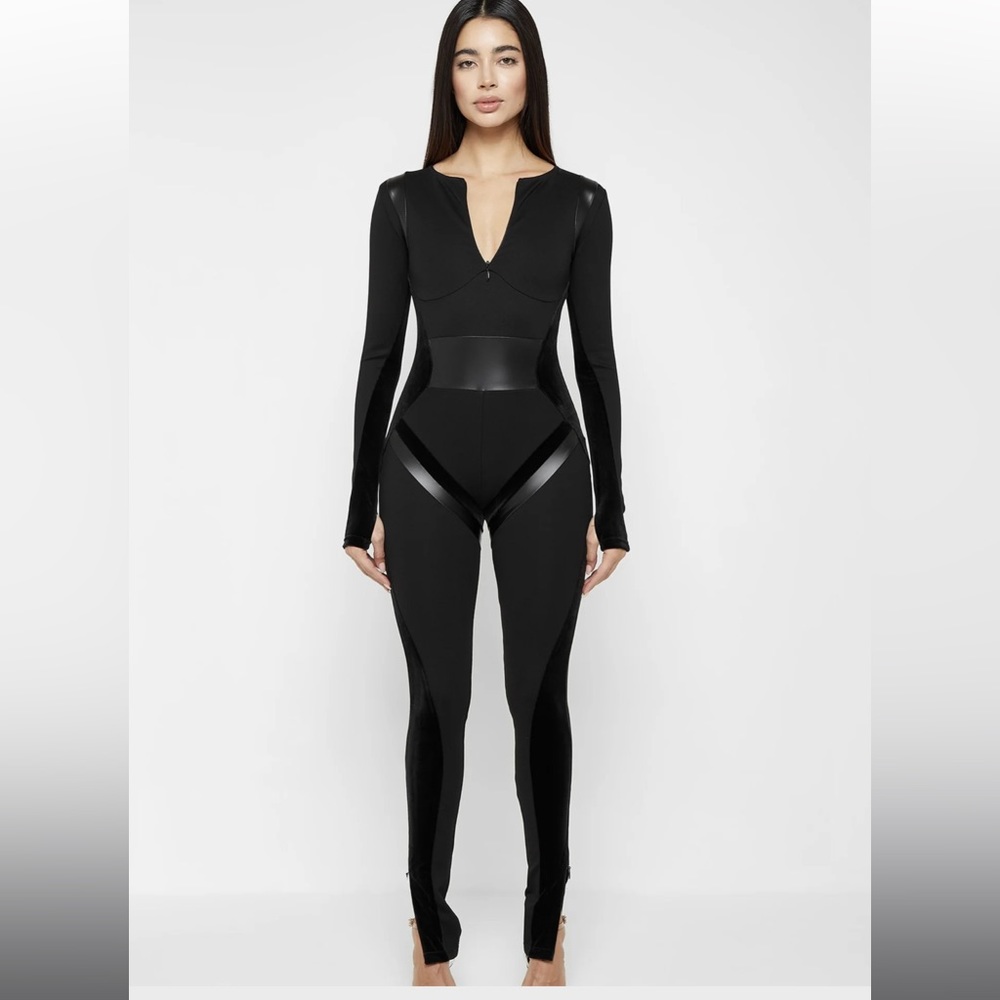 Maniere de Voir vegan leather and bandage contour jumpsuit size 4